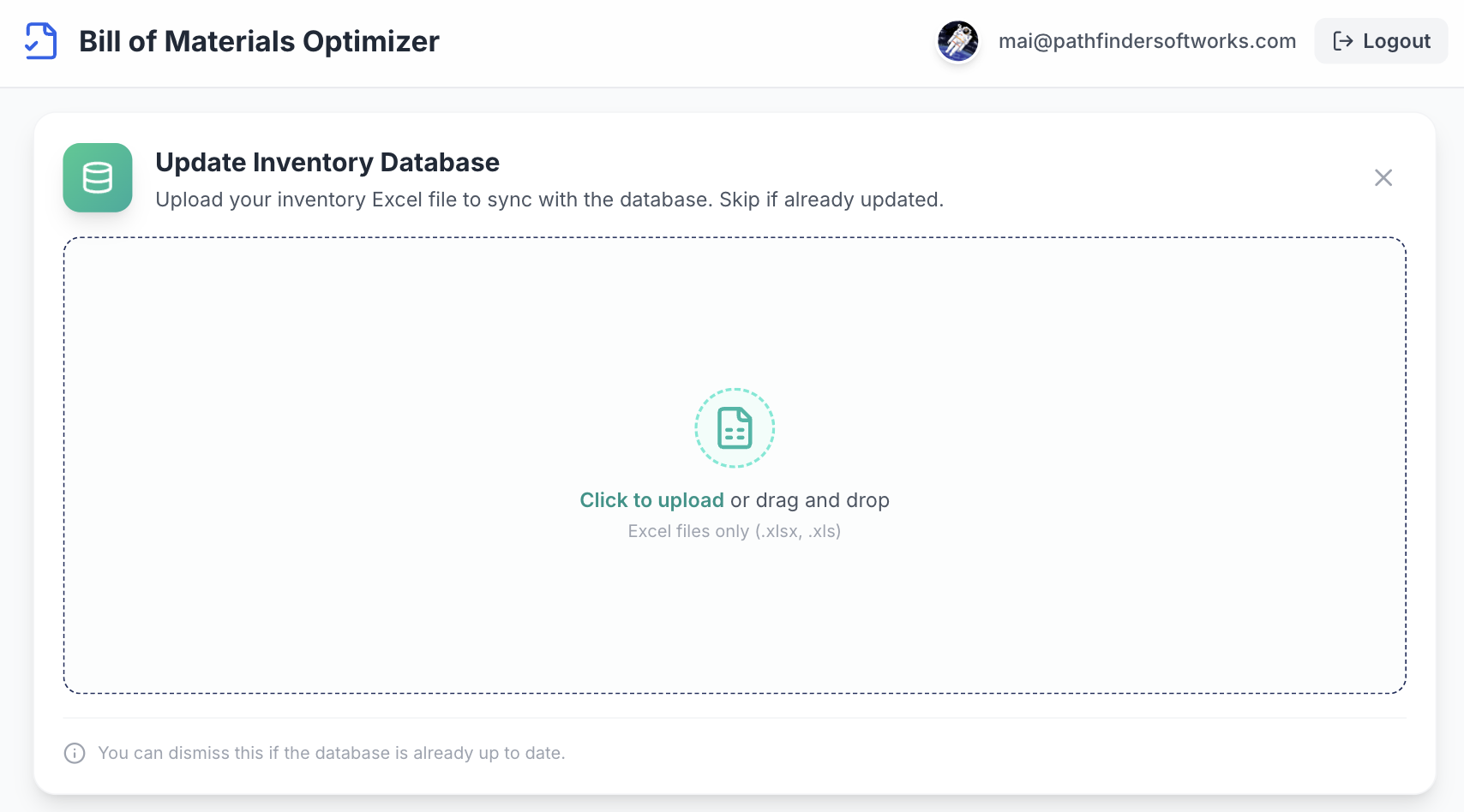 Inventory database sync via Excel upload