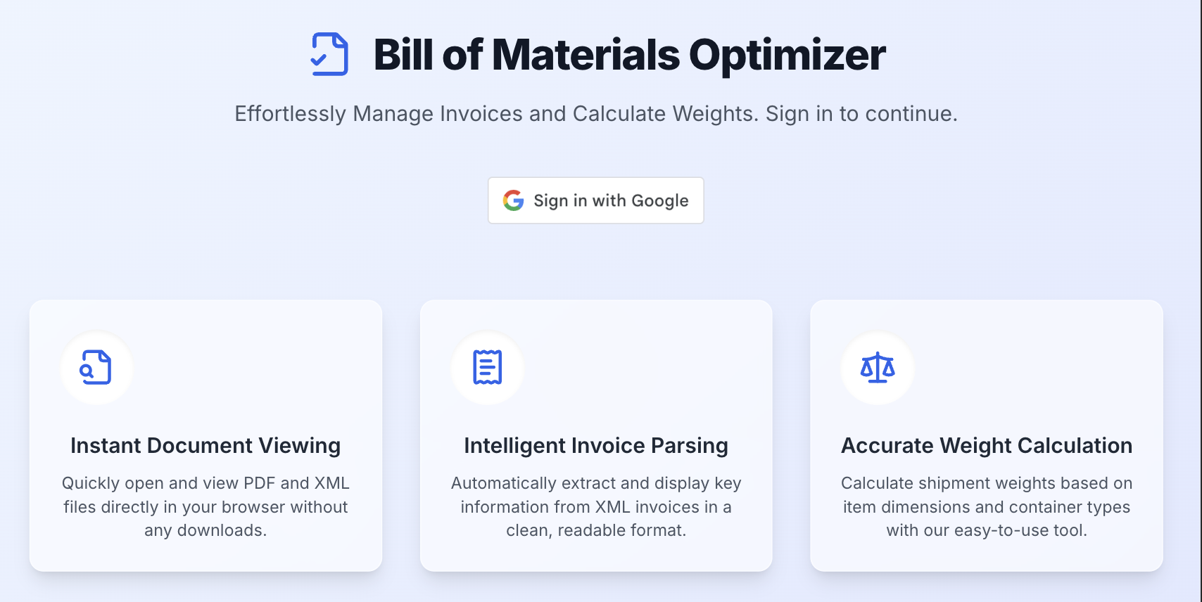 BOM Optimizer: document viewing, invoice parsing, weight calculation