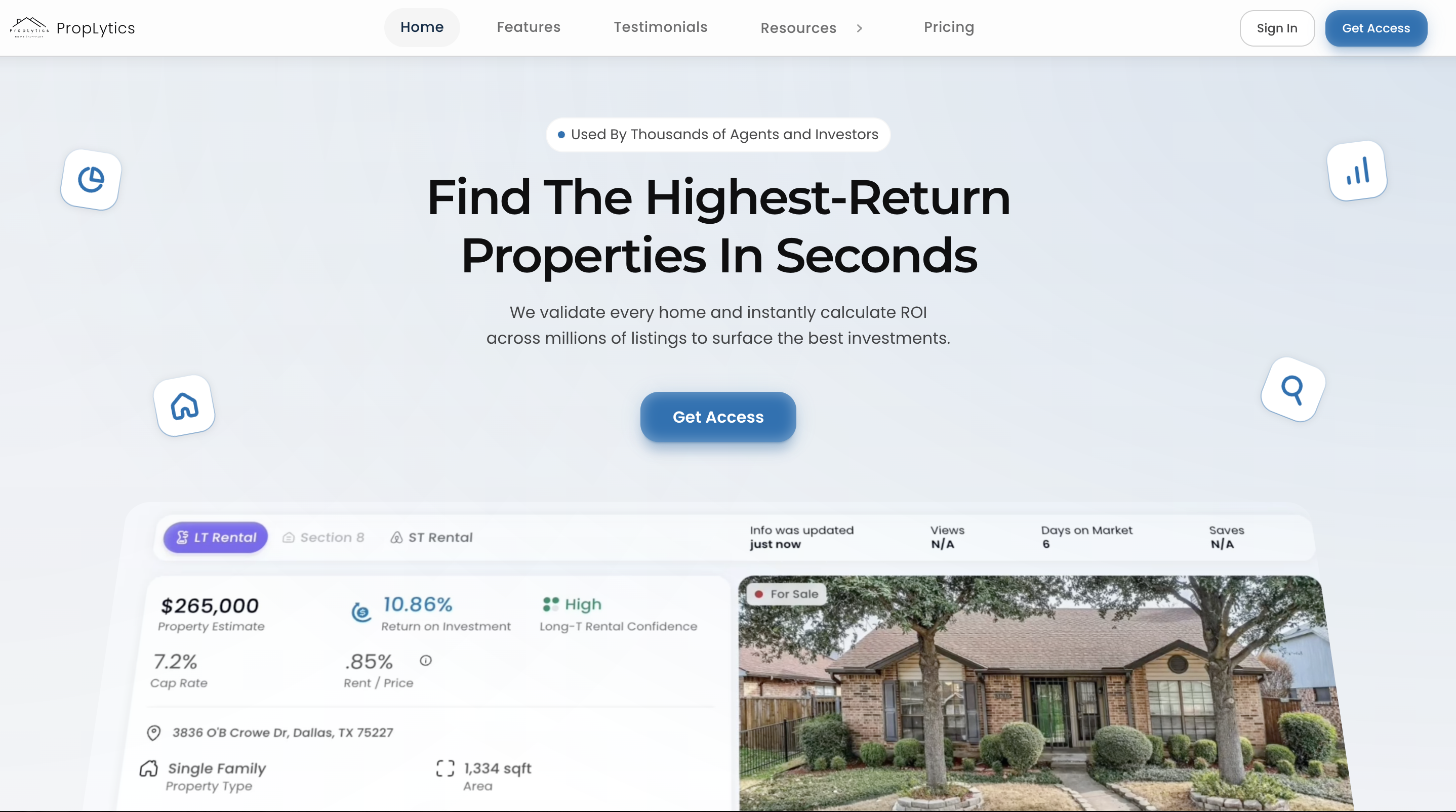Proplytics landing page: find the highest-return properties in seconds